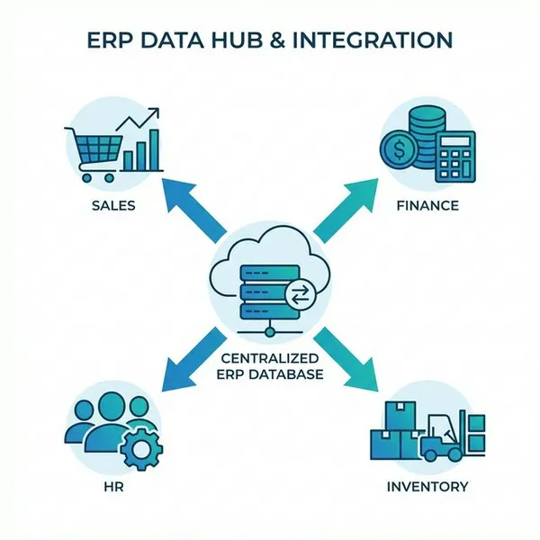 Infographic showing centralized ERP data hub connecting sales, finance, inventory, and HR departments