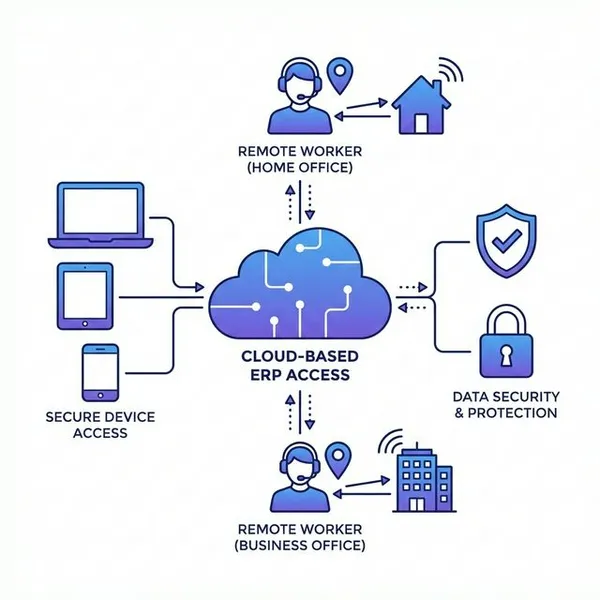 Infographic showing cloud-based ERP access from laptop, tablet, and smartphone with security protection