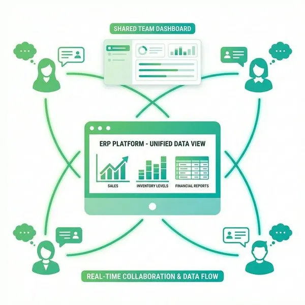 Infographic showing team collaboration through unified ERP platform with shared data views