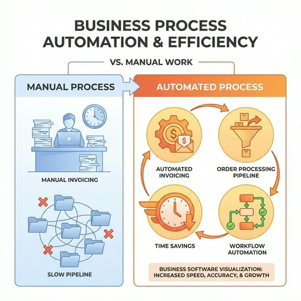 Infographic comparing manual invoicing process vs automated ERP workflow with time savings