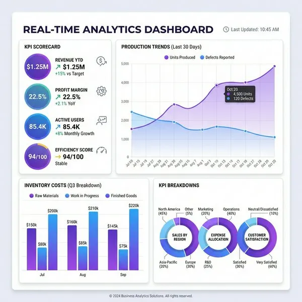 Infographic showing real-time analytics dashboard with KPI scorecard, inventory costs, and production trends
