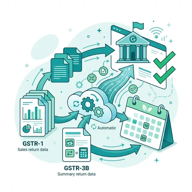 Infographic showing GSTR-1 and GSTR-3B return reports compiled by Zubizi GST software for CA filing