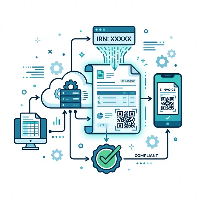 Diagram showing e-invoicing IRN generation and QR code compliance flow