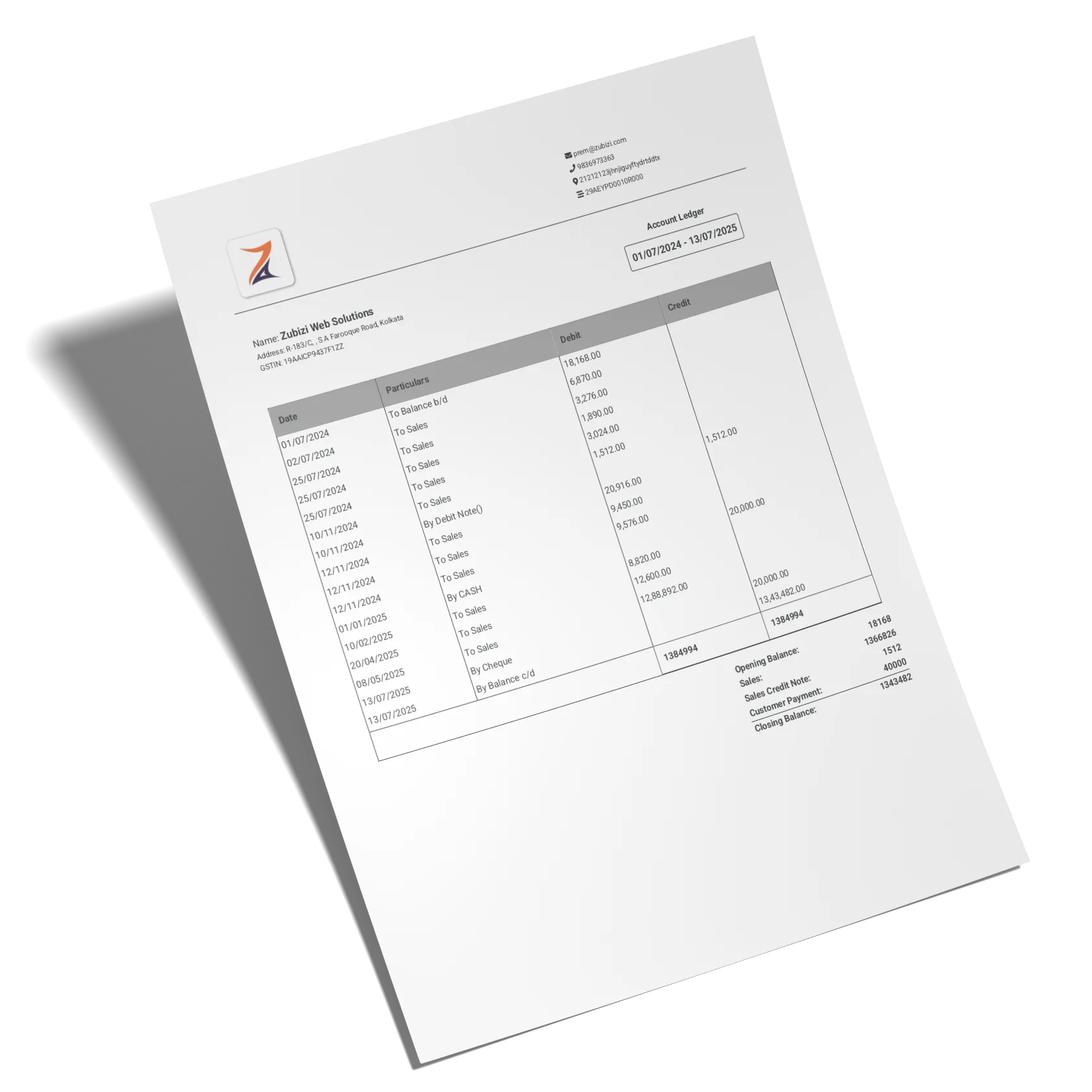 Customer ledger and outstanding payment tracking in Zubizi retail billing software