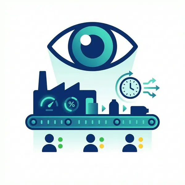 Infographic showing real-time production monitoring with worker status and progress tracking