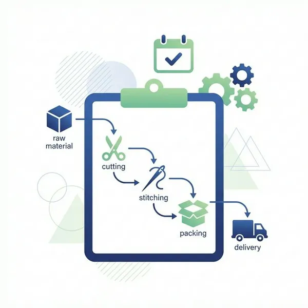 Infographic showing production planning flowchart from raw material to delivery