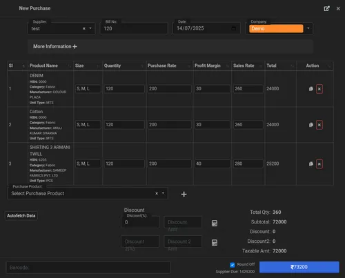 Purchase entry and stock management in billing software