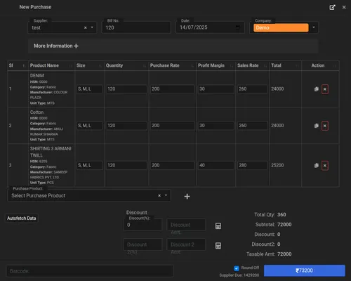 Purchase entry and stock management in billing software