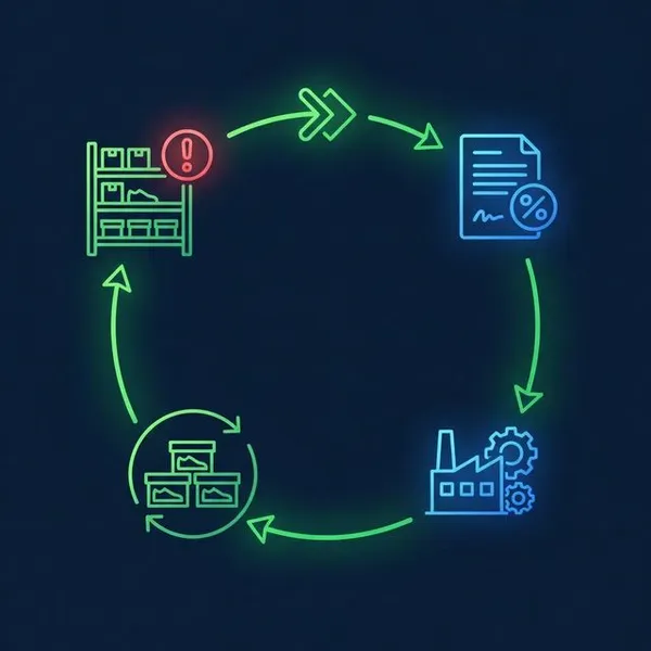 Infographic showing automated purchase order workflow from low stock trigger to supplier delivery