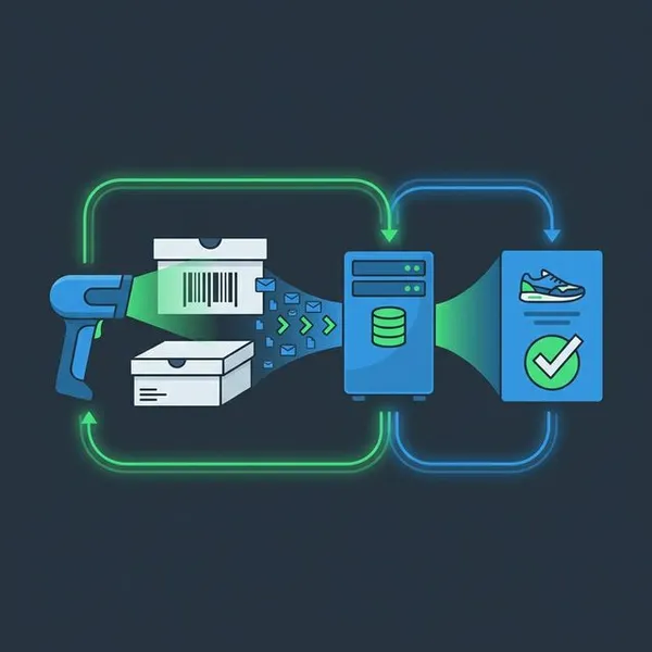 Infographic showing barcode scanner reading shoe box labels and syncing with inventory database