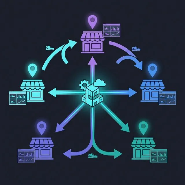 Infographic showing centralized inventory hub connected to multiple shoe store locations