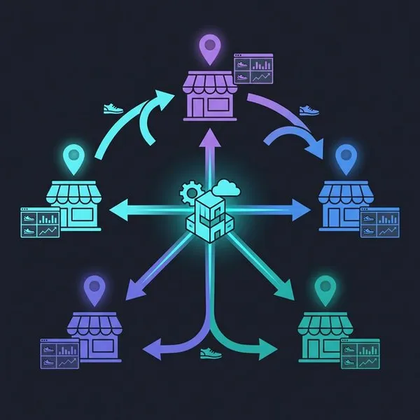 Infographic showing centralized inventory hub connected to multiple shoe store locations