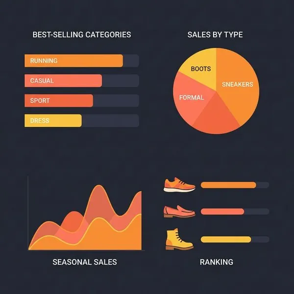Infographic showing sales analytics dashboard with charts for shoe categories and seasonal trends