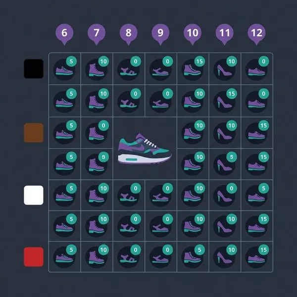 Infographic showing shoe size and color matrix with stock levels for each variant