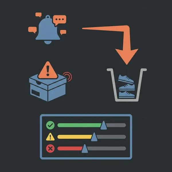 Infographic showing stock level alerts with green, yellow, and red indicators for shoe inventory