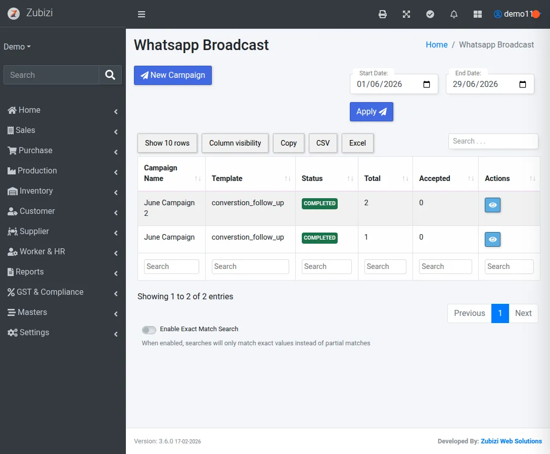 Zubizi WhatsApp Business API broadcast campaign manager showing audience selection, broadcast tier limit tracking, and delivery analytics dashboard