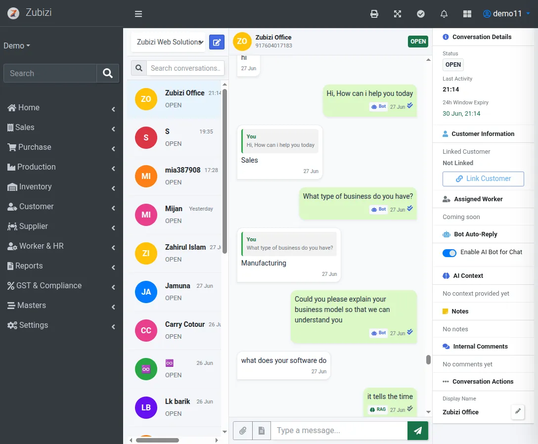 Zubizi WhatsApp Business API shared team inbox showing conversation list, agent assignment, and ERP-connected customer profile with order history and invoice data