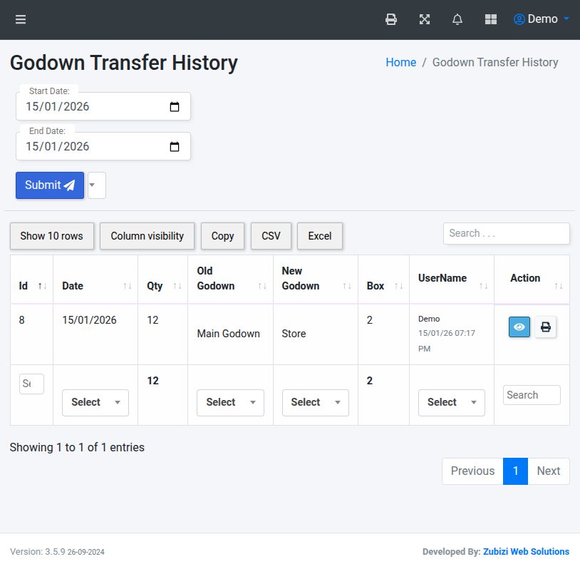 Godown transfer history and tracking dashboard