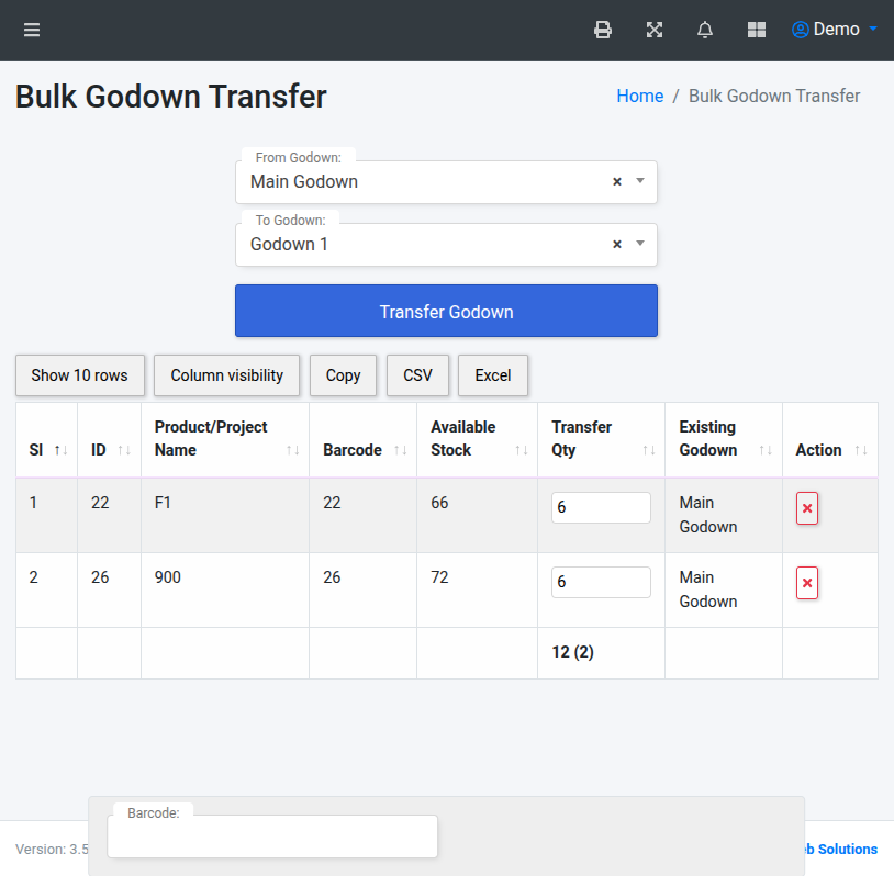 Creating a godown transfer with barcode scanning