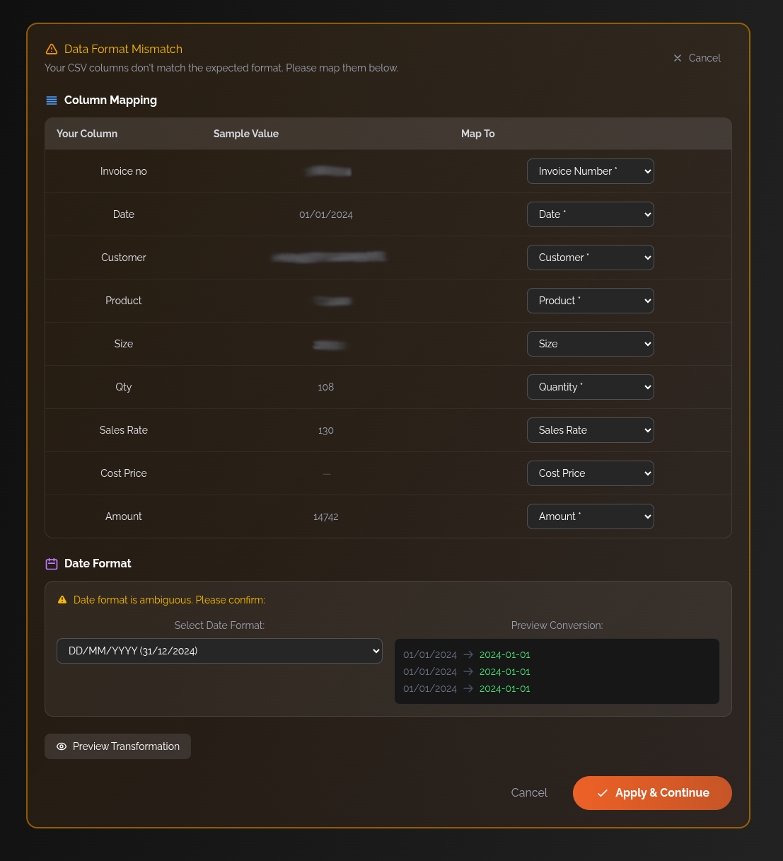 Screenshot of the sales items analysis tool interface highlighting column mapping